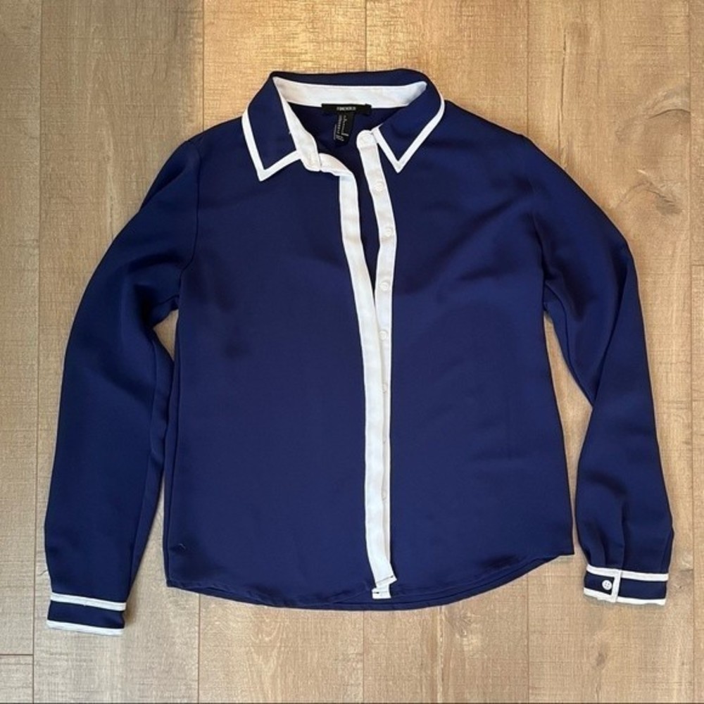 Navy Blue Long Sleeve Blouse with White Trim